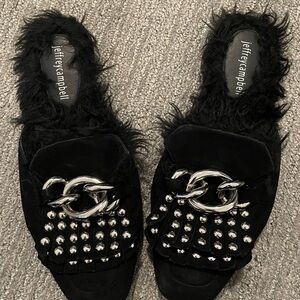 Jeffrey Campbell Silver Studded with Chain Mules/Loafers EUC